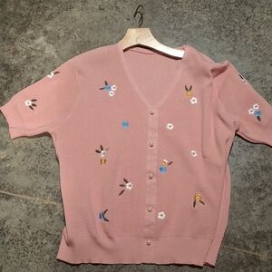 V-Neck Pink Floral Embroidered Button-Front Top